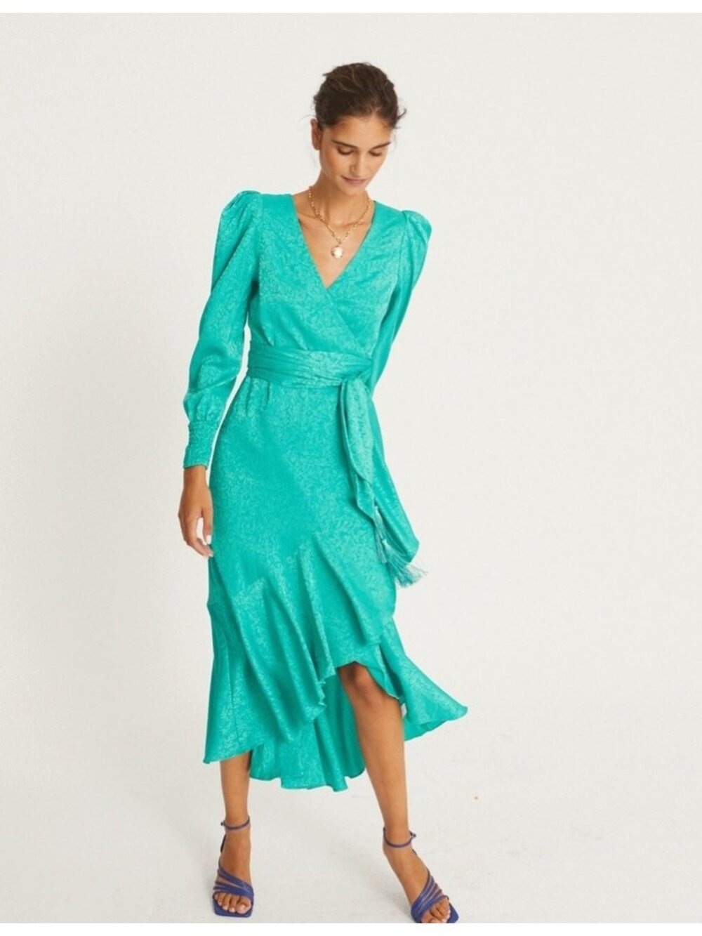 Mioh GRACE GREEN JACQUARD LONG-SLEEVED WRAP DRESS, S